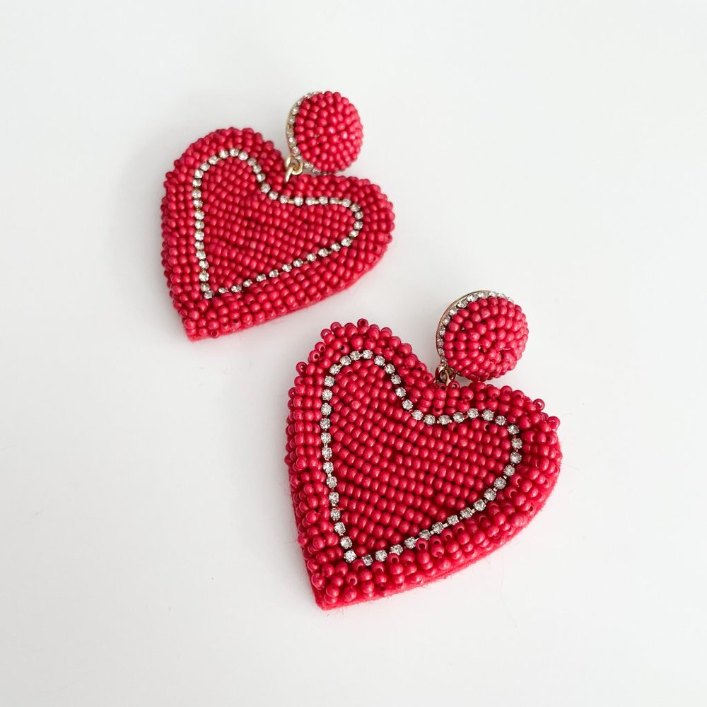 J. Crew Factory Beaded Heart Statement Earrings (Classic Red) - Picture 2 of 3